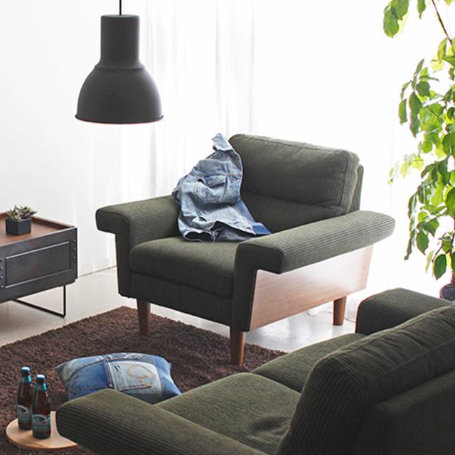 ソファ 幅93cm 1人掛け コーデュロイ ファブリック 木製 天然木