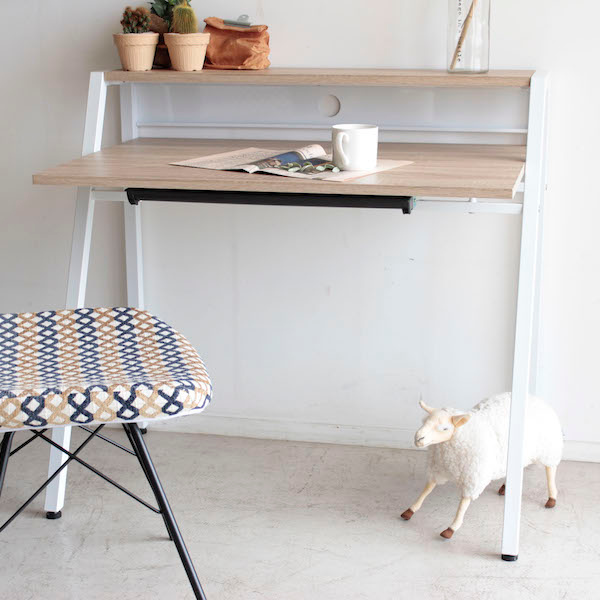 デスク 幅96cm ラック付き スチール脚 木目調 コード穴 引き出し