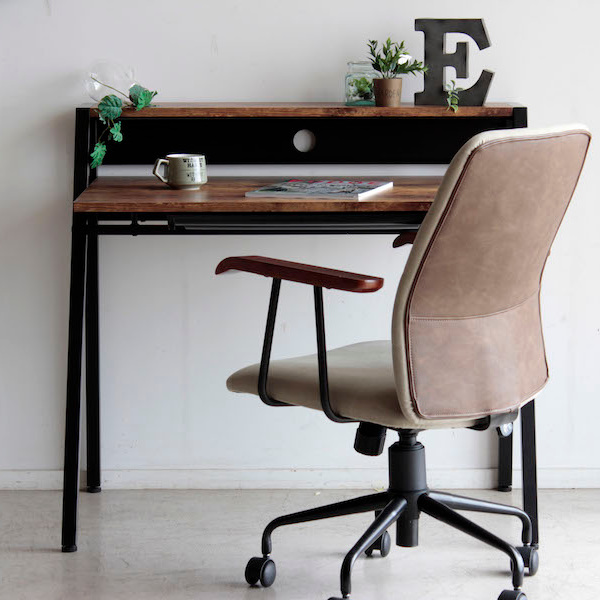 デスク 幅96cm ラック付き スチール脚 木目調 コード穴 引き出し