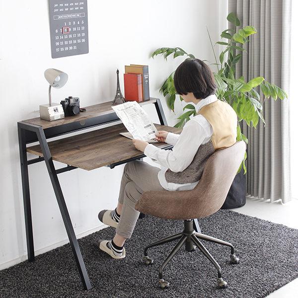 デスク 幅96cm ラック付き スチール脚 木目調 コード穴 引き出し