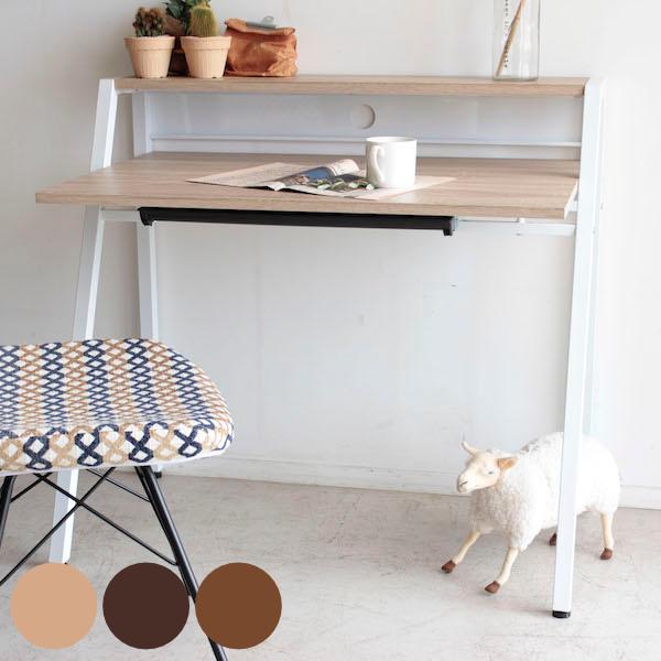 デスク 幅96cm ラック付き スチール脚 木目調 コード穴 引き出し