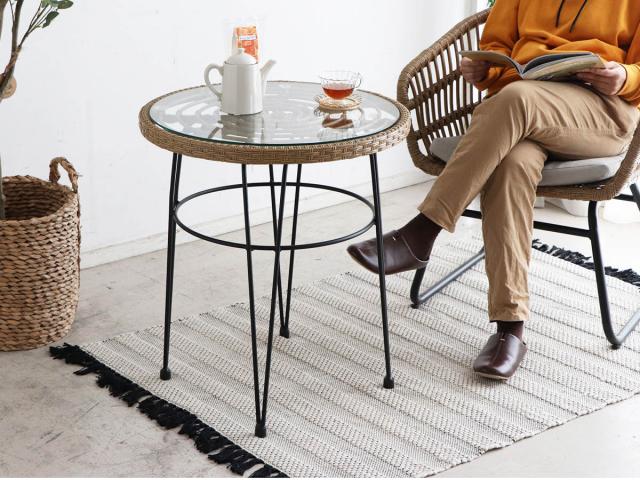 ラタン スツール 丸型テーブル ガラス天板 SENKAR丸型ガラスロー