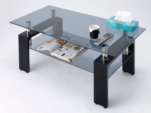 モダン長方形コーヒーテーブル 強化ガラス天板+MDF収納棚