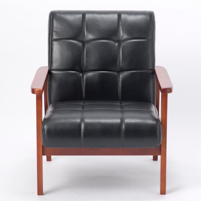 直接引き取り専用　ソファー1人掛け 合成皮革 ソファ 1人掛け 幅65cm 木肘 レザーブラック ラニット （ PVCレザー