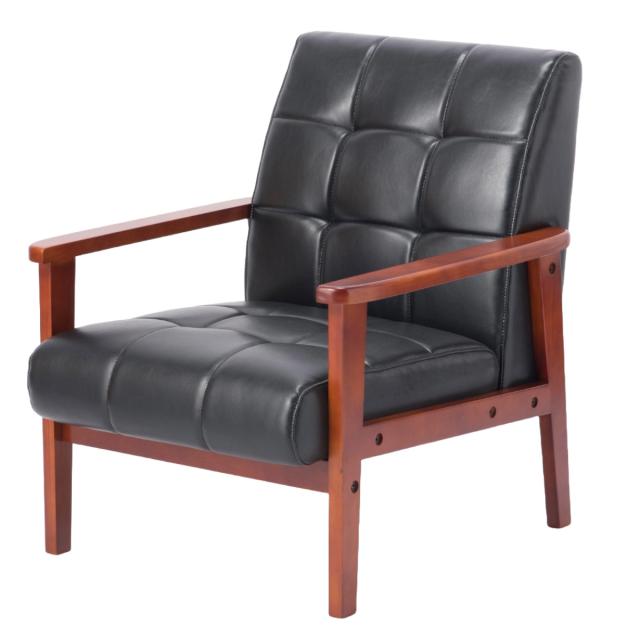 ソファ 1人掛け 幅65cm 木肘 レザーブラック ラニット （ PVCレザー