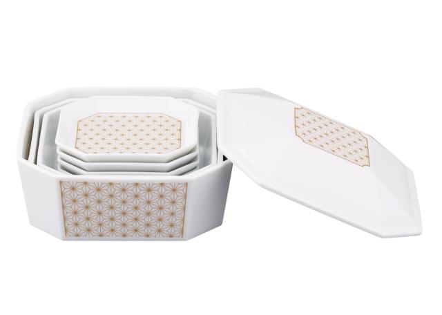皿 結 重箱小皿揃 麻の葉 （ 食洗機対応 電子レンジ対応 磁器 日本製 お重 3段 皿付き 高級感 上品 和風 和モダン モダン ）_3