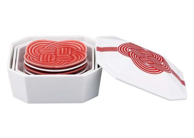 皿 結 重箱小皿揃 赤結び （ 食洗機対応 電子レンジ対応 磁器 日本製 お重 3段 皿付き 高級感 上品 和風 和モダン モダン ）_4