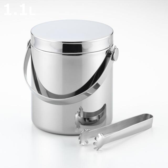 鏡面二重 アイスペール 1.1L フラットタイプ （ ステンレス ボトルクーラー 氷 溶けにくい 氷入れ 蓋付き 二重構造 トング付き セット 日本製 シンプル おしゃれ スタイリッシュ ）
