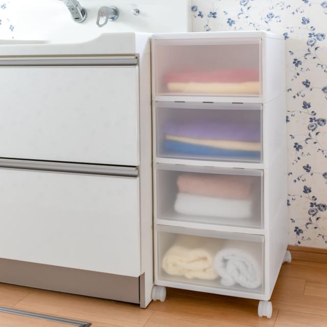 収納ケース MOS ワイドストッカー 幅34×奥行46.5×高さ78cm 4段 プラスチック 浅型 キャスター付き （ 日本製 引き出し チェスト 収納 収納ボックス 衣装ケース 衣類収納 リビング収納 キッチン ラック 白 ホワイト クローゼット ）_16