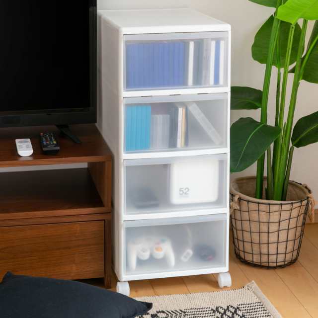 収納ケース MOS ワイドストッカー 幅34×奥行46.5×高さ78cm 4段 プラスチック 浅型 キャスター付き （ 日本製 引き出し チェスト 収納 収納ボックス 衣装ケース 衣類収納 リビング収納 キッチン ラック 白 ホワイト クローゼット ）