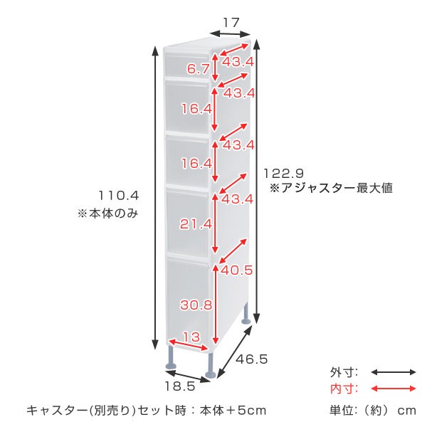 キッチンストッカー 幅17cm 5段 アジャスター付き スリムストレージ TS-10121A キッチン すきま収納（ キッチン収納 キッチン スリム  スの通販はau PAY マーケット - リビングート