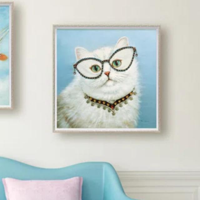 アートパネル オイルペイントアート 『プレシャス キャット』 63×63cm （ 絵画 絵 アート インテリア 額 額入り 壁掛け 油絵 おしゃれ 猫 白猫 ネコ ポスター アートフレーム アートポスター ウォールアート パネル 額付き 正方形 ）