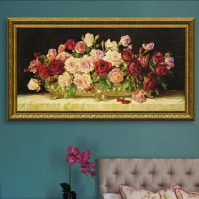 アートパネル クリューガー 『クラシック ローズ ボウル』 111×61cm （ 絵画 絵 アート インテリア 額 額入り 壁掛け おしゃれ ゲル加工 花 横長 ポスター アートフレーム アートポスター ウォールアート パネル 額付き 華やか ）