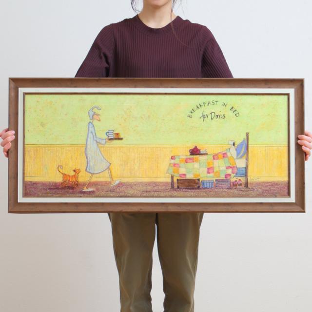 アートパネル サムトフト 『ドリスとベッドで朝食』 94.5×43cm （ 絵画 絵 アート インテリア 額 額入り 壁掛け 犬 動物 ネコ ポスター アートフレーム アートポスター ウォールアート パネル 額付き 額縁 壁飾り リビング ）_3