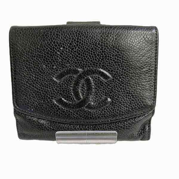 シャネル CHANEL ココマーク ブラック キャビアスキン ダブルホック 2つ折り財布 レディース【中古】