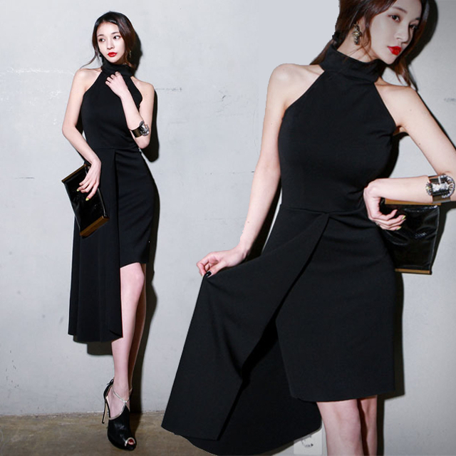 ドレス ワンピース パーティードレス 結婚式 膝丈 ドレス タイト 巻きスカート ミニ丈 ホルターネック 袖なし スリット 黒の通販はau Pay マーケット Love Ride おしゃれセレクトショップ