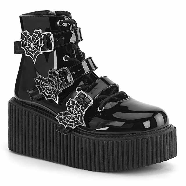 Demonia(デモニア) CREEPER-260 蜘蛛の巣バックル アンクル丈クリーパー ラバーソール 厚底靴 エナメル黒◆取り寄せの通販は