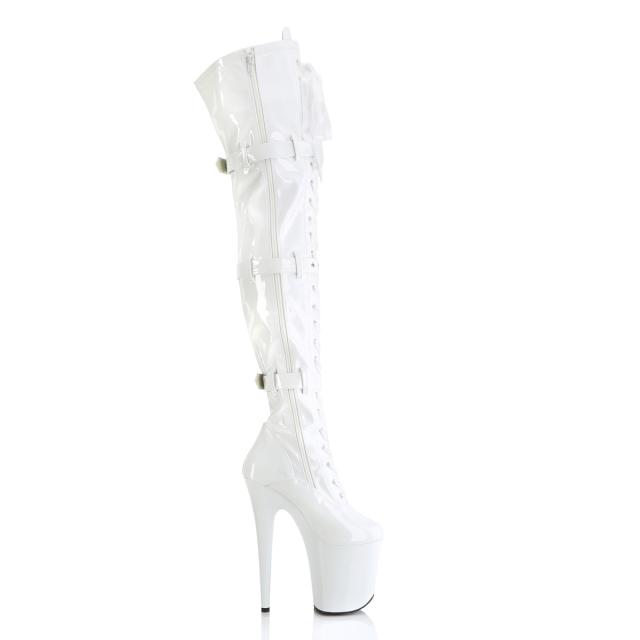 Pleaser(プリーザー) FLAMINGO-3028 約20cmヒール 超厚底サイハイブーツ ひざ上丈 3連ベルト＆レースアップ（ジッパー付） 白◆取り寄せ_4