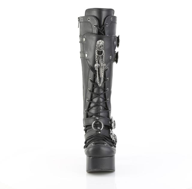 Demonia(デモニア) CHARADE-230 スカルバックルストラップ 厚底ニーハイブーツ サイドZIP つや消し黒◆取り寄せ_1