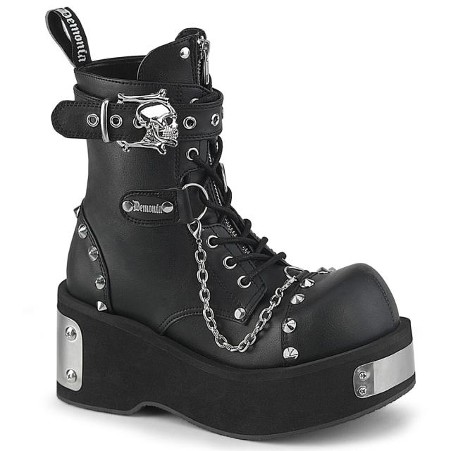 Demonia(デモニア) DANK-57 メタルプレート スカルヘッドバックルストラップ 厚底アンクルブーツ つや消し黒◆取り寄せ
