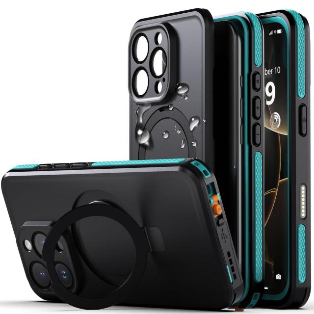 [青い]【IP68防水・隠し収納式スタンド】iPhone 16 Pro 用 ケース 防水 衝撃吸収 米軍MIL規格 水中撮影対応 Magsafe対応 顔認証対応 全面保護 完全防水 防雪 防塵 滑り止め 手持ちやすい 頑丈 耐衝撃ストラップ付き 雨の日、お風呂など適用 防水ケース（の通販は
