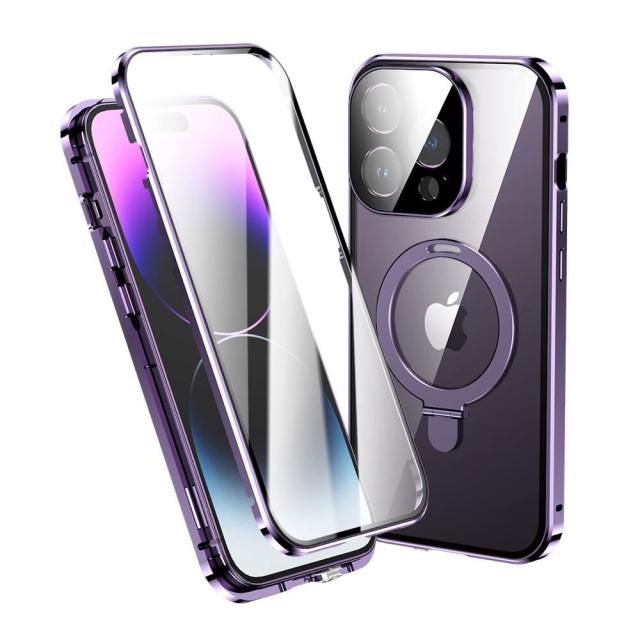 [深紫/iPhone12]MagSafe対応 iPhone 12 ケース 全面カバー リング付き スタンド機能 一体型レンズ保護 マグネット式 iphone12 カバー 両面ケース アルミバンパー 強化ガラス ワイヤレス充電対応 透明 クリア (iPhone12, 深紫)の通販は