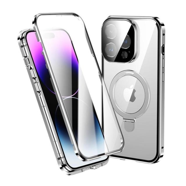 [グレー/iPhone15ProMax]MagSafe対応 iPhone 15 Pro Max ケース 全面カバー リング付き スタンド機能 一体型レンズ保護 マグネット式 iphone15pro max カバー 両面ケース アルミバンパー 強化ガラス ワイヤレス充電対応 透明 クリア (15ProMax, グレー)の通販は