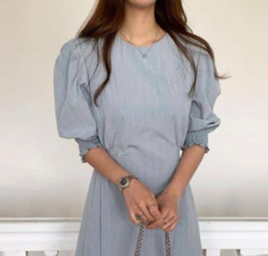 ワンピースレディース フレアスカート ワンピドレス パフスリーブ クルーネック Aライン ウエストマーク フィット＆フレア かわいい 大人可愛い きれいめ シンプル こなれ感 無地 10代 20代 30代 40代 オフィス ビジネス 通勤 学生 普段使い 韓国系 ファッション S M L XLの通販は 5,695円