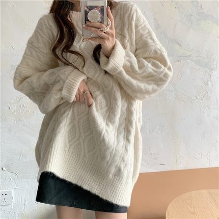 セーターレディース トップス ルーズ＆シンワイルド シンプル ラウンドネック 長袖 ツイスト ミドル丈 プルオーバー 無地 袖あり ラウンドネック オーバーサイズ 着痩せ フェミニン 春 秋 スプリング オータム オシャレ カジュアル リラックス エレガント 10代 20代 30代の通販は