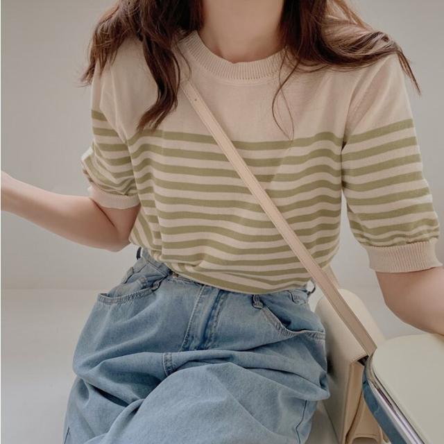 サマーニット レディース セーター ボーダー 半袖 しましま クルーネック 丸首 5分袖 オシャレ ナチュラル カジュアル ラフ ルーズ ボーイッシュ キュート 可愛い お出かけ 普段着 普段使い デート ショッピング グリーン 緑 ブラック 黒 ホワイト 白 白黒ボーダー 10代 20代の通販は