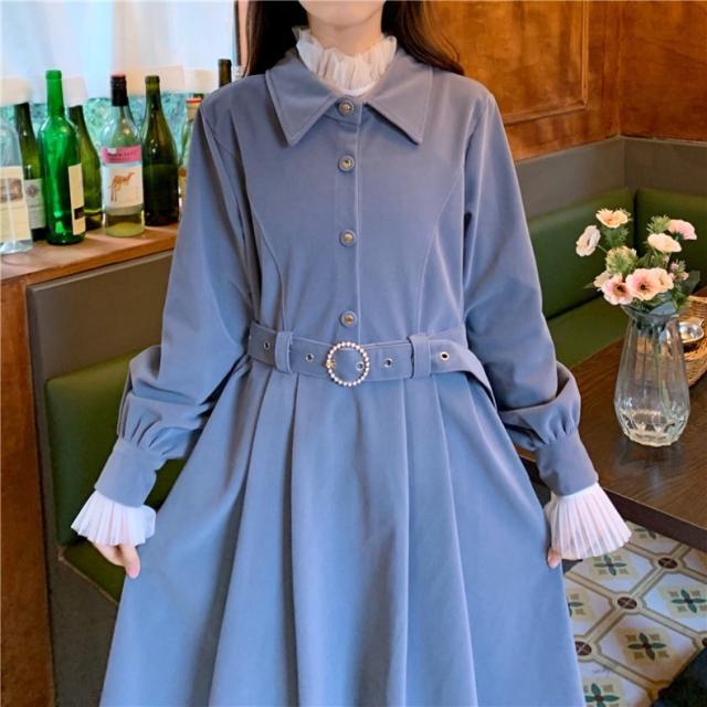 ワンピースレディース フレンチ レトロ ニッチ オーバーニー ウエストベルト シングルブレスト フロントボタン POLO襟 ミッドスカート ハイウエスト 無地 袖あり 長袖 ワンサイズ 春 秋 スプリング オータム 膝下 ワインレッド ブルー ブラック ホワイトの通販は