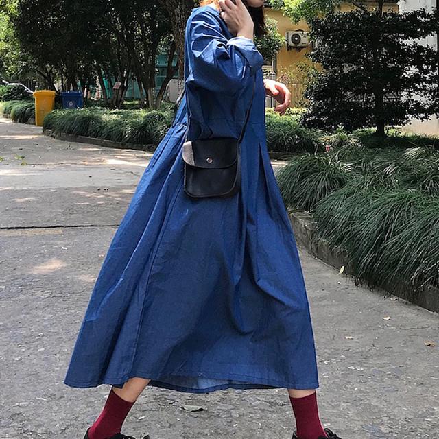 ワンピース 長袖 春 秋 カジュアル かわいい ロング aライン Aライン デニムワンピース デニムスカート ロング ロング丈 襟なし BIGシルエット ワイド 切り替えデザイン ウエストマーク ハイウエスト 色展開 ブルー ワンサイズ ゆったり ゆる かわいい 大人可愛い シンプルの通販は
