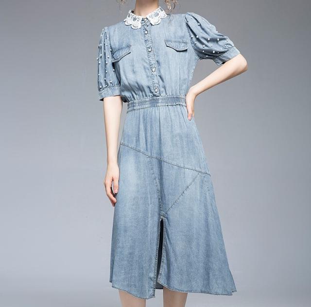 ワンピース 半袖 春 夏 春夏 きれいめ かわいい Aライン フレアスカート ショート丈 ひざ丈 膝上 ミモレ丈 パフスリーブ 萌袖 襟付き フリルカラー スリム タイト 細身 ストレート 切り替えデザイン レース シフォン ドッキング 前開き ブルー M L XL 2XL ジャスト かわいいの通販は 5,980円