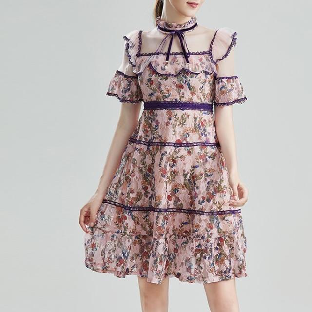 ワンピース 半袖 春 夏 秋 かわいい Aライン フレアワンピース ティアードスカート ひざ丈 膝上 ドールカラー 切り替えデザイン レース チュール シフォン フリル リボン 透け感 シースルー ピンク S M L XL 2XL 小さいサイズ 大きいサイズ 大人可愛い きれいめ カジュアルの通販は 5,151円