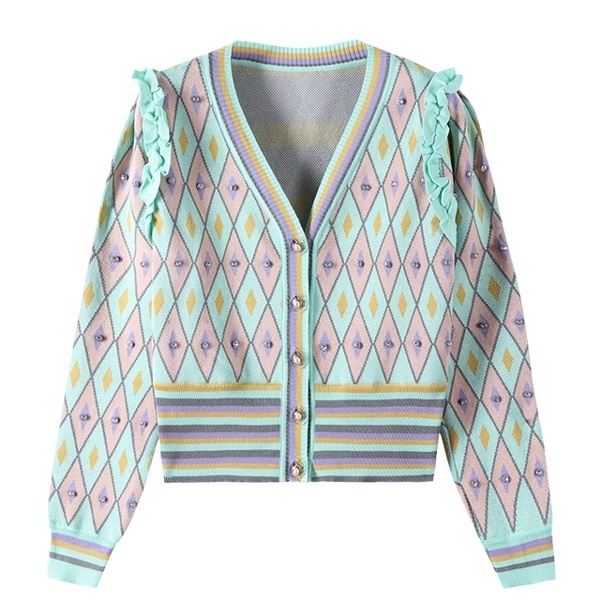 ２色 レトロ風 トップス ニット カーディガン 春 秋 かわいい きれいめ カジュアル ショート ショート丈 長袖 萌袖 Vネック ボタンダウン ストレート スマート フリル 前開き 緑 グリーン 紫 パープル ワンサイズ かわいい 大人可愛い きれいめ シンプル カジュアル 大人 上品の通販は 5,480円