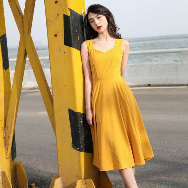 4色 ワンピース ノースリーブ 夏 きれいめ aライン フレア 膝下