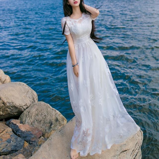 ワンピース 半袖 春夏 きれいめ ロング フォーマル aライン マキシ フレア ロング ロング丈 マキシ マキシ丈 アンクル丈 ラッパ袖 スクエアネック 襟なし フレア スリム Aライン レース 刺繍 チュール シフォン ウエストマーク 透け感 シースルー 白 ホワイト S M L XLの通販は 5,573円