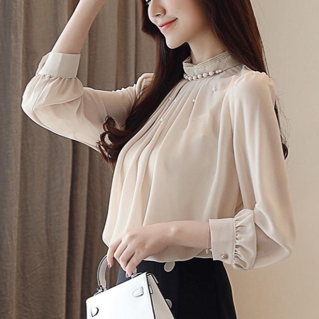トップス ブラウス 送料無料 個性的 2色 長袖 ボリューム袖 スタンドカラー Aライン タック入り ビジュー 透け感 モテ お嬢様 無地 ブラック アプリコット S M L XL 2XL 薄手 エレガント フェミニン 謝恩会 勝負服 通勤 通学 セレモニー 20代 30代 40代 50代の通販は 6,980円