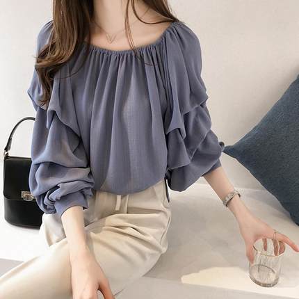 トップス シャツ ブラウス 送料無料 個性的 春服 3色 お尻カバー 七分袖 ティアードスリーブ クルーネック 丸首 襟なし シフォン 立体的 体型カバー アプリコット ピンク ブルー S M L XL 2XL 3XL 4XL 薄手 エレガント フェミニン 上品 参観日 通勤 通学 ママの通販は