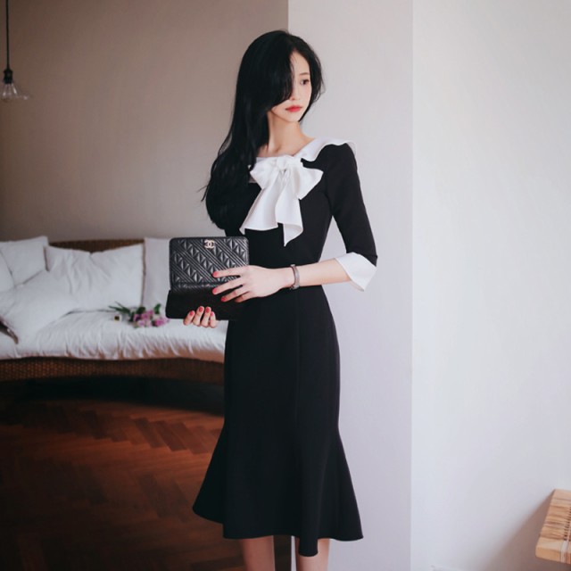 ボウタイ ワンピース ドレス マーメイドスカート 韓国 フェミニン　ck171