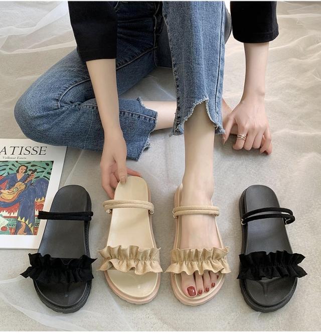 サンダルレディース　ブラック　ベージュ　フラット　フラットシューズ　ぺたんこ　フリル　ガーリー　レトロ　かわいい　清楚　夏　春　フット　サンダルの通販は