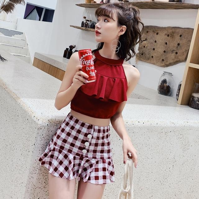 水着 レディース タンキニ スカート 送料無料 体型カバー ホルターネック パッド付き ホック フリル ボタン レースアップ バックシャン 編み込み 上下セット 露出控えめ かわいい カジュアル ガーリー 個性的 ヘルシー チェック リゾート プール 海 M L XL ブラック レッドの通販は