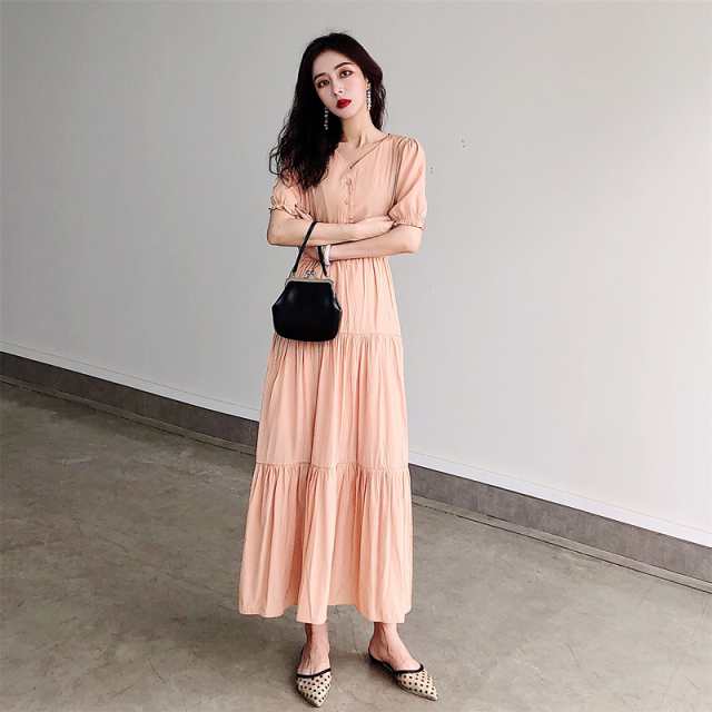 ワンピース レディース 半袖 ロング丈 夏 可愛い 無地 ファッション カジュアル ワンカラー オレンジピンク 2サイズ S L シンプル エレガント キレイめ Vネック 10代 20代 30代 女性用 通学 女子会 デート お出かけ パーティー 可愛いの通販は 5,382円