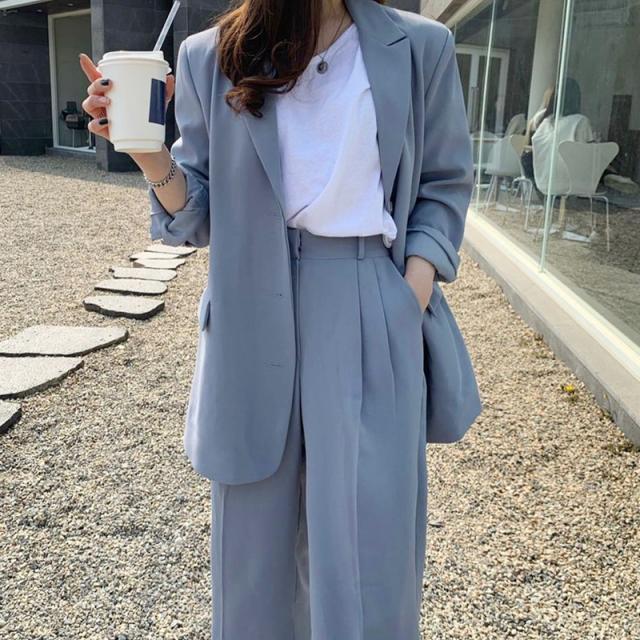 セットアップレディース 上下セット お得 スーツ 2ピースセット アウター ボトムス 上着 長袖 くすみカラー シック 韓国 レトロ カジュアルスーツ 秋 ブルー ワイドレックパンツ ハイウエスト 2021 春 ストレートパンツ S M L オフィス 通勤 仕事 フォーマル 大人女子の通販は 10,280円