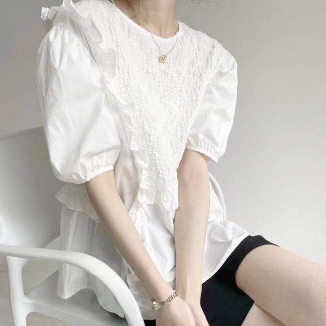 トップス レディース テクスチャ カットソー 送料無料 個性的 春服 夏服 2色 半袖 パフスリーブ バルーン袖 ぽわん袖 ラウンドネック インスタ映え 格上げ ブラック ホワイト S M L シンプル かわいい エレガント きれいめ セクシー クラシカル レトロ 清楚 モダン クールの通販は 6,421円