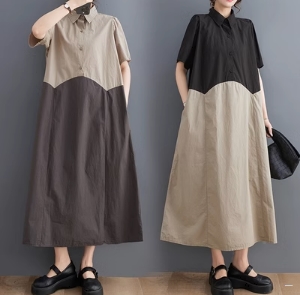 レディース ワンピース セットアップ ドレス つなぎ シャツワンピ 膝下 7分丈 8分丈 半袖 ラウンドネック 襟付き 前開き 切り替えデザイン バイカラー 配色 かわいい シンプル カジュアル おしゃれ レトロ こなれ感 ラフ ルーズ 個性的 クール モダン 存在感 ナチュラルの通販は 6,480円