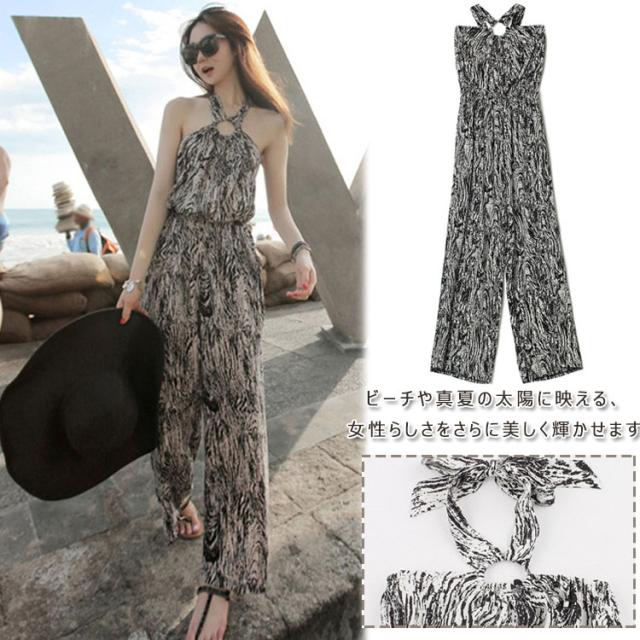 ボヘミアン風ワンピース オールインワン レディース ヒョウ柄 ガチョウパンツ ホルダーネック ワイドパンツ 浜辺 17夏新作の通販はau Pay マーケット にゃニャオ