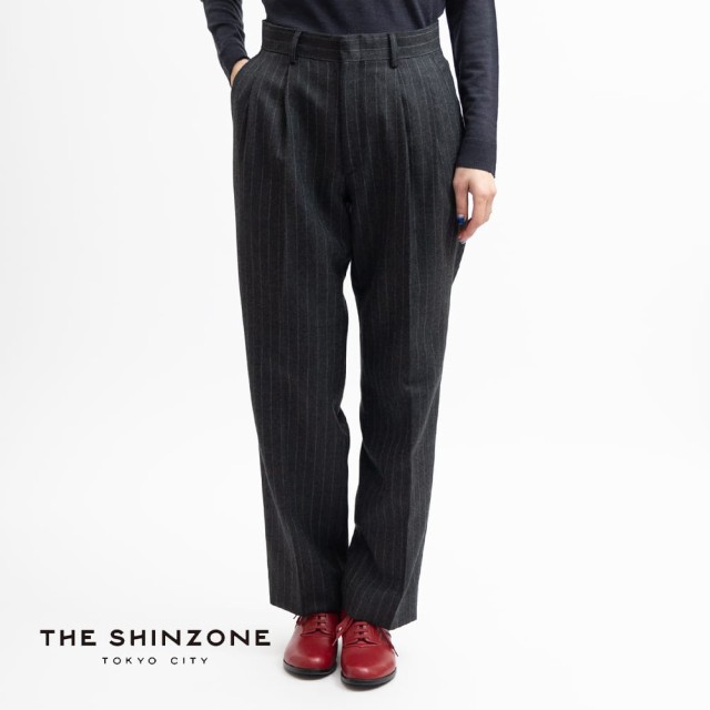 Shinzone(シンゾーン)/CHALK STRIPE PANTS(チョーク ストライプ パンツ)/2タック ロングパンツ ネイビー グレー 23amspa03 日本製