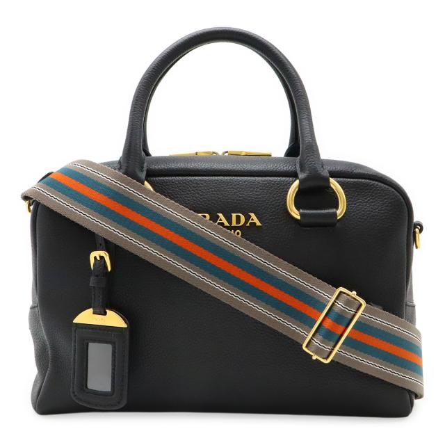 PRADA プラダ ハンドバッグ ミニボストンバッグ 2WAY ショルダーバッグ ストライプショルダー 斜め掛け レザー NERO ブラック ゴールド金具 1BB108