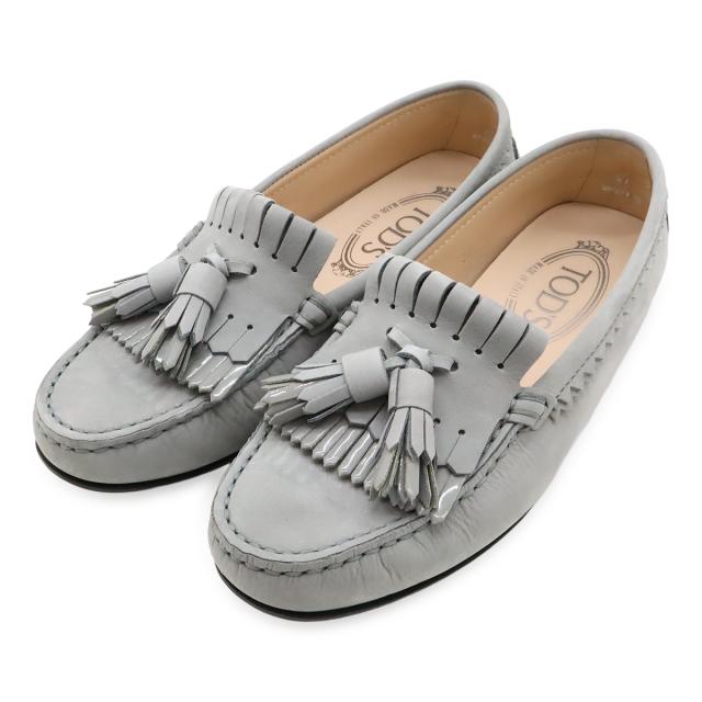 TOD'S トッズ ゴンミーニ ドライビングシューズ ローファー スリッポン モカシン タッセル フリンジ ヌバック レザー グレー #34 日本サイズ約21cm